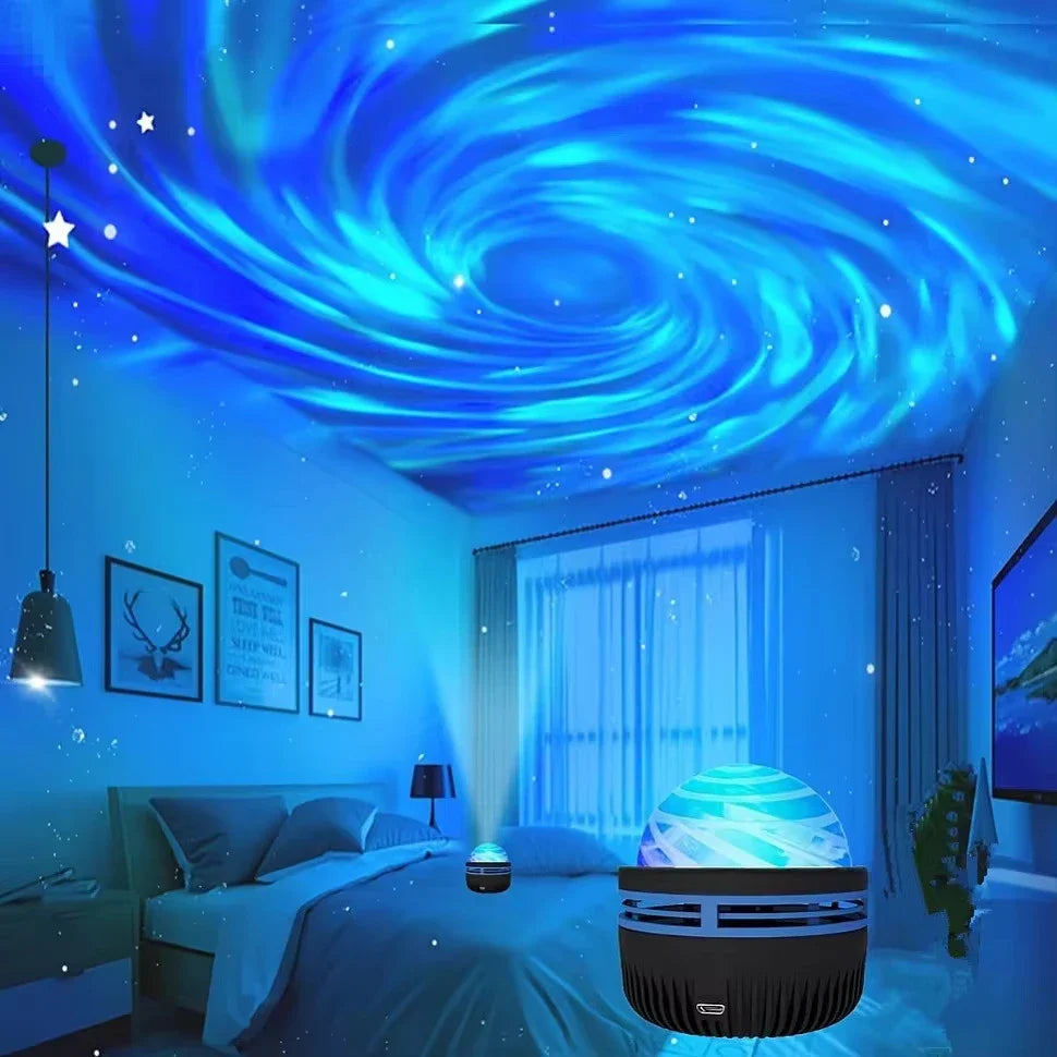 LED Galaxy Sky Projector casting stars and nebula lights indoors