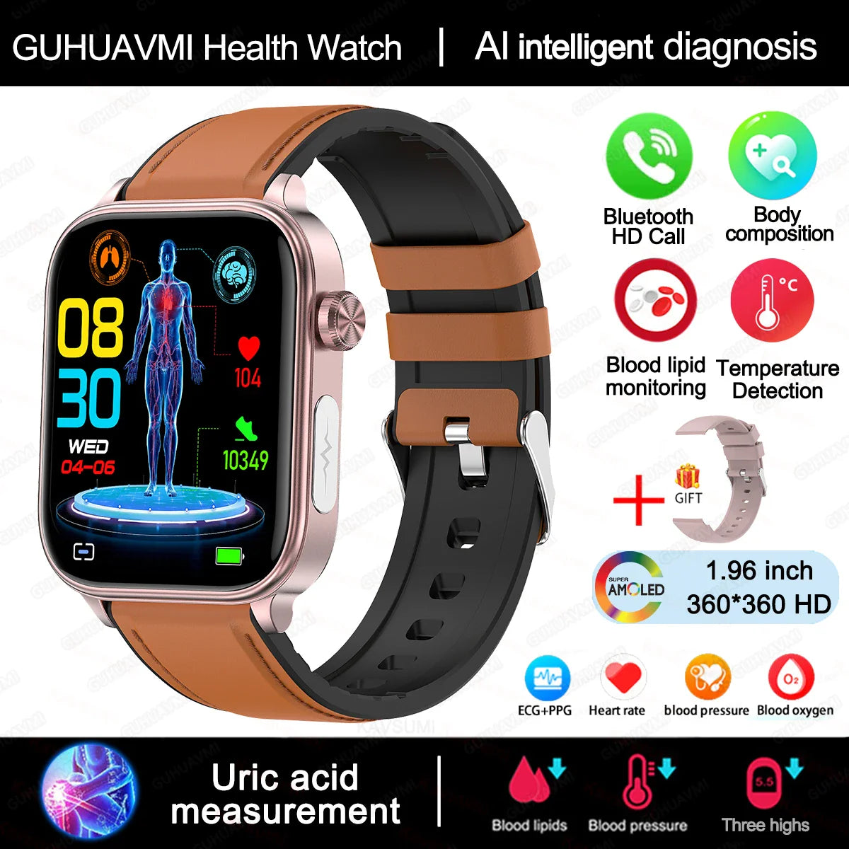 2025 ECG+PPG Health Watch with heart rate and blood pressure monitoring