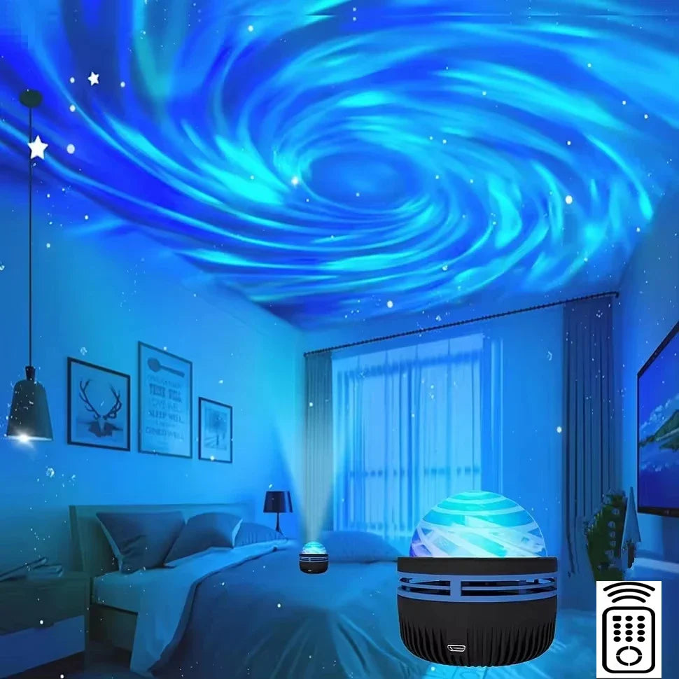 LED Galaxy Sky Projector casting stars and nebula lights indoors