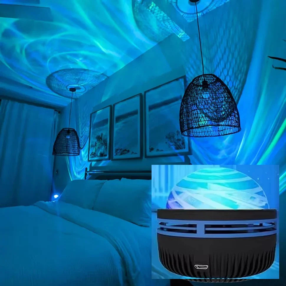LED Galaxy Sky Projector casting stars and nebula lights indoors