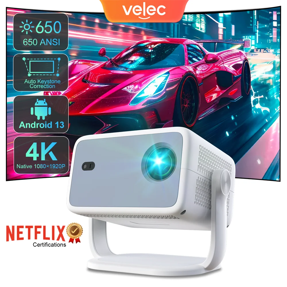 Velec 4K Smart Projector displaying ultra HD visuals for home theater