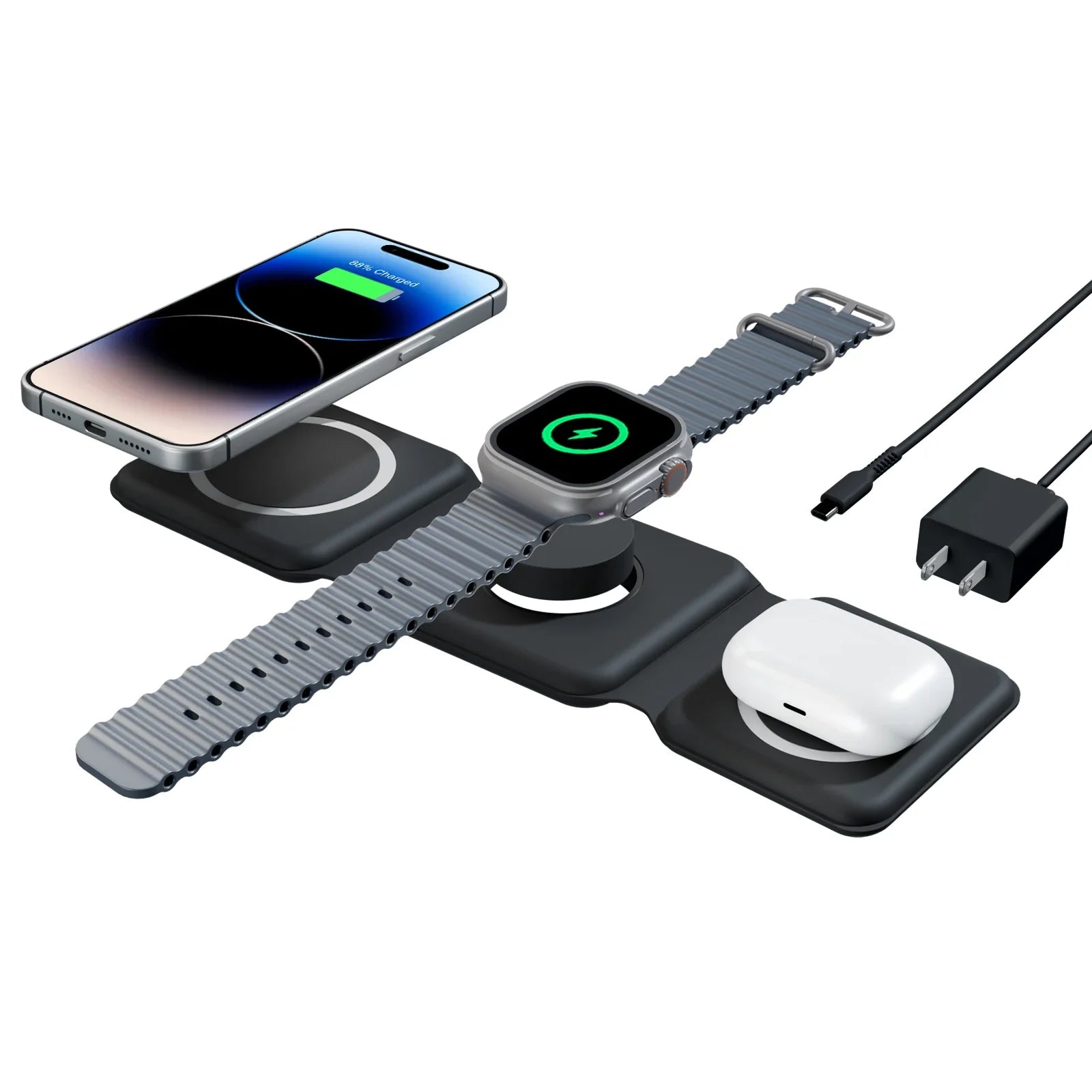 3-in-1 Travel Wireless Charger for phone, watch, and earbuds